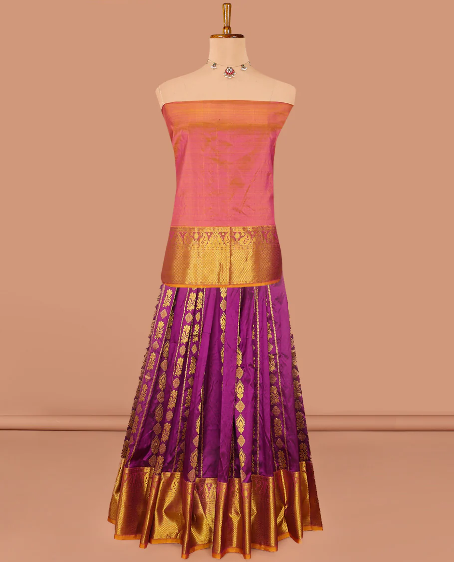 Purple Pure Silk Half-Saree Artfully Detailed with Zari Designs on its Skirt, Complemented by a Contrast Border Featuring Neli, Manga, Rekku, Rudraksham, And Mayil Kann, Comes with a Contrast Blouse and a Dhavani of Anna Chakram Designs - Image 3