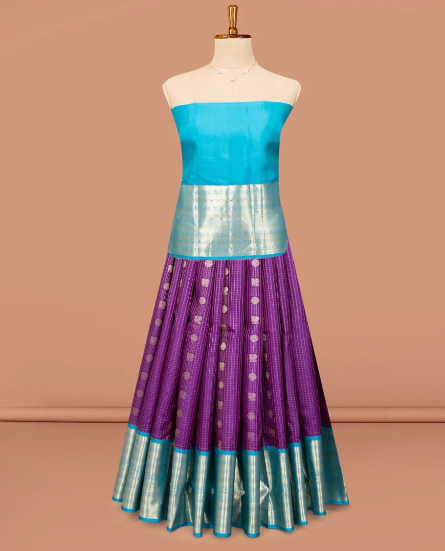 Purple Pure Silk Half-Saree, Masterfully Woven with Mayil-Chakram Buttas and Micro-Checks on Its Skirt, Complemented by a Contrast Border of Rekku, Chakram, and Yaanai Designs, Comes with a Contrast Blouse and a Dhavani of Intricate Designs - Image 3