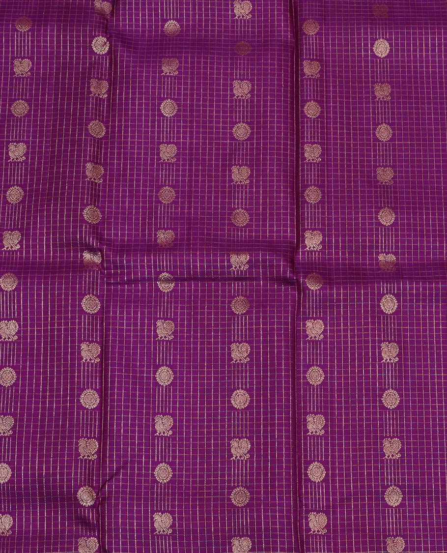 Purple Pure Silk Half-Saree, Masterfully Woven with Mayil-Chakram Buttas and Micro-Checks on Its Skirt, Complemented by a Contrast Border of Rekku, Chakram, and Yaanai Designs, Comes with a Contrast Blouse and a Dhavani of Intricate Designs - Image 4