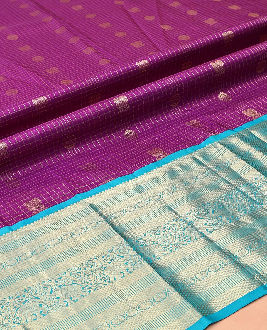 Purple Pure Silk Half-Saree, Masterfully Woven with Mayil-Chakram Buttas and Micro-Checks on Its Skirt, Complemented by a Contrast Border of Rekku, Chakram, and Yaanai Designs, Comes with a Contrast Blouse and a Dhavani of Intricate Designs - Image 5