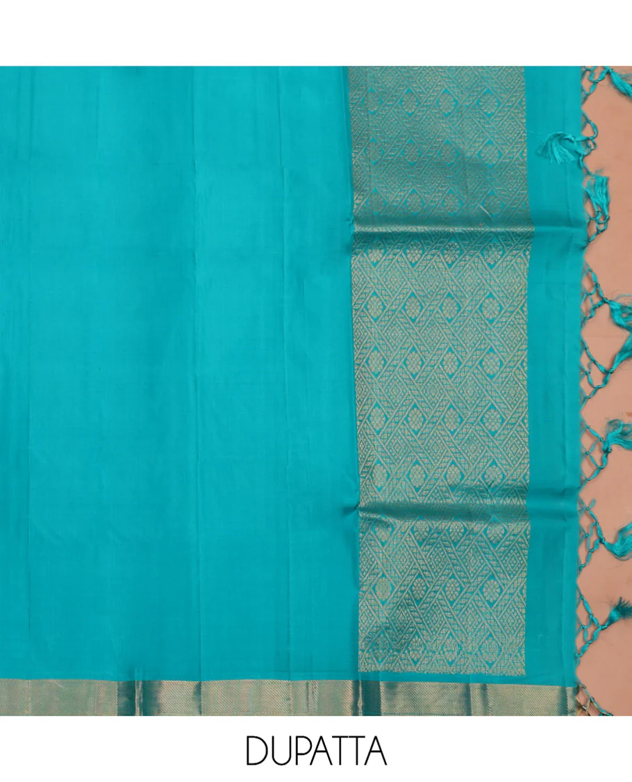 Purple Pure Silk Half-Saree, Masterfully Woven with Mayil-Chakram Buttas and Micro-Checks on Its Skirt, Complemented by a Contrast Border of Rekku, Chakram, and Yaanai Designs, Comes with a Contrast Blouse and a Dhavani of Intricate Designs - Image 6