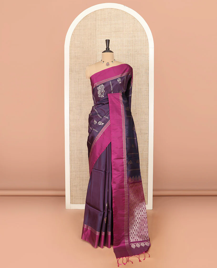 Purple Semi Uppada Saree Mesmerized with Zari Buttas, Complemented by a Contrasting Border, Pallu of Intricate Zari Designs, and Paired with a Contrast Blouse - Image 3