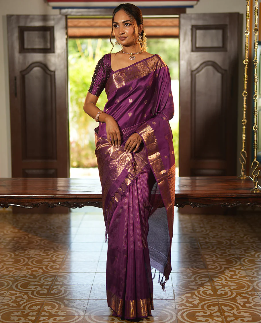 Purple Vasundhara Lite Silk Mix Saree, Artfully Detailed with Mayil-Chakram Buttas and Zari Checks All Over Its Body, Highlighted by a Zari Border of Thazampoo Rekkum, Paisa, Mayil, and Chakram Designs, a Grand Pallu, and Paired with a Matching Blouse - Image 3