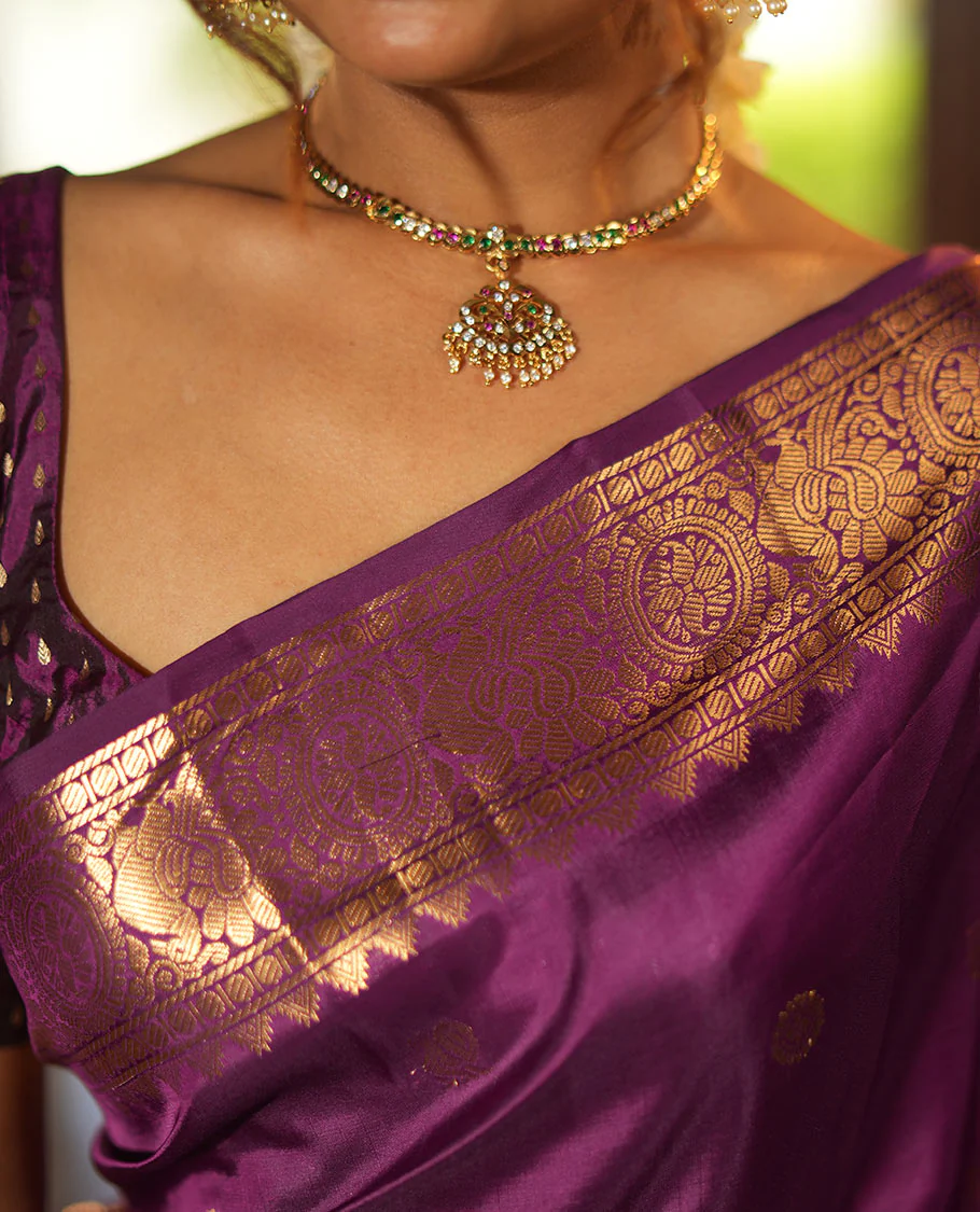 Purple Vasundhara Lite Silk Mix Saree, Artfully Detailed with Mayil-Chakram Buttas and Zari Checks All Over Its Body, Highlighted by a Zari Border of Thazampoo Rekkum, Paisa, Mayil, and Chakram Designs, a Grand Pallu, and Paired with a Matching Blouse - Image 4