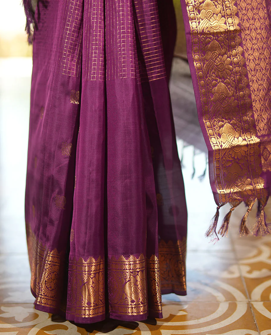Purple Vasundhara Lite Silk Mix Saree, Artfully Detailed with Mayil-Chakram Buttas and Zari Checks All Over Its Body, Highlighted by a Zari Border of Thazampoo Rekkum, Paisa, Mayil, and Chakram Designs, a Grand Pallu, and Paired with a Matching Blouse - Image 5
