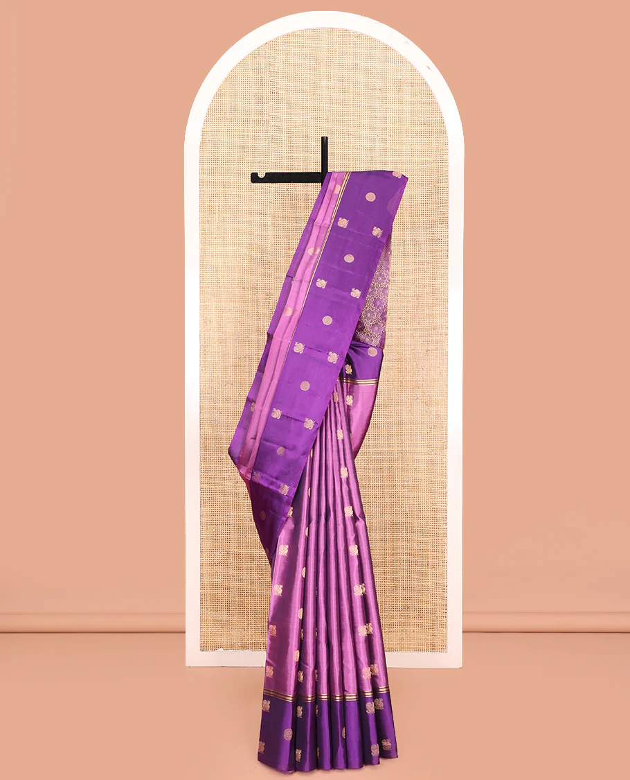 Purple Vasundhara Lite Silk Mix Saree, Elegantly Designed with Mayil and Chakram Buttas On Its Body, Complemented by Contrast Border of Mayil and Chakram Designs, Floral Design Pallu and Paired with a Contrast Blouse