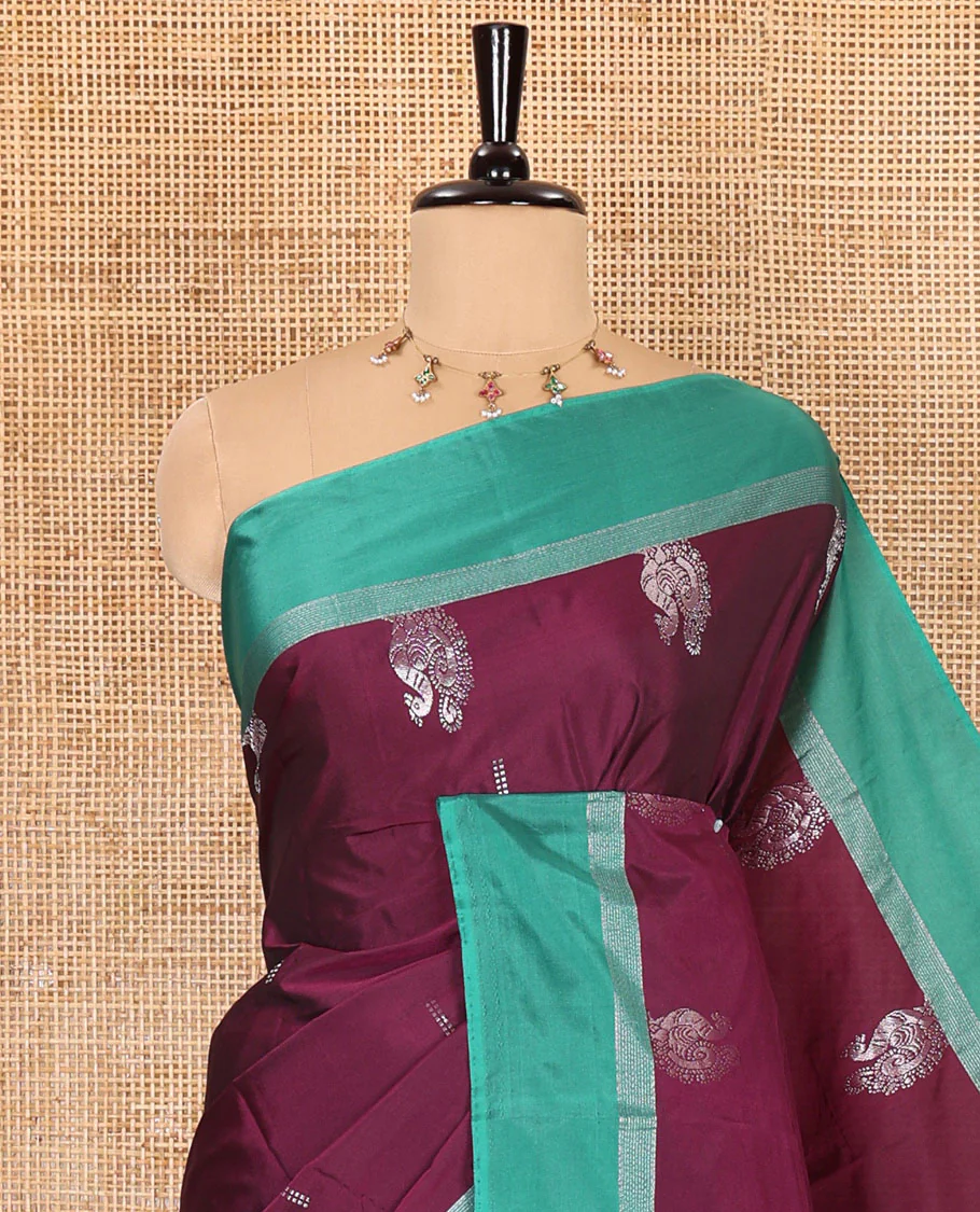 Purple zari buttas and peacock buttas semi-soft silk saree, contrast zari striped border, zari design pallu, and a matching blouse - Image 2
