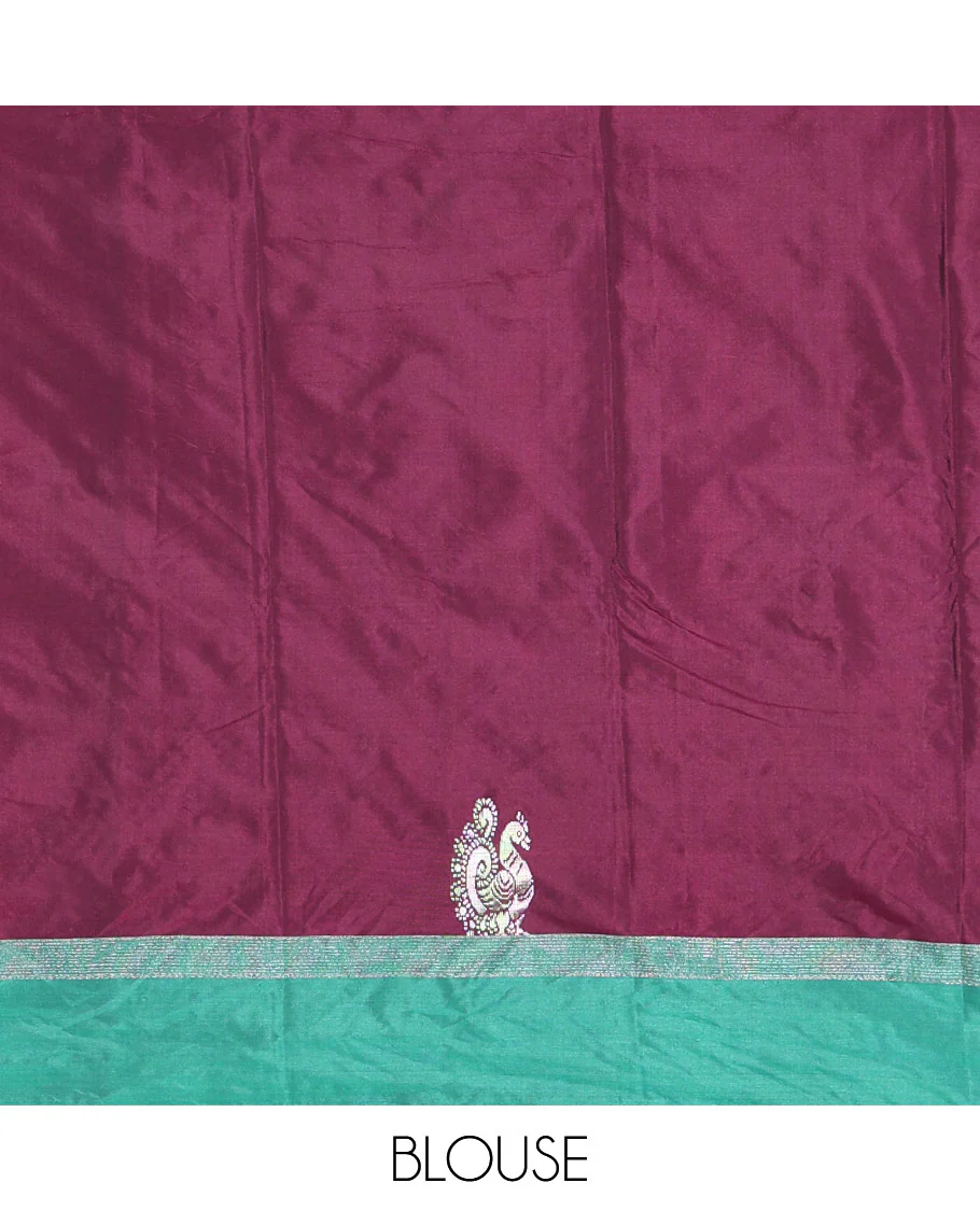 Purple zari buttas and peacock buttas semi-soft silk saree, contrast zari striped border, zari design pallu, and a matching blouse - Image 3