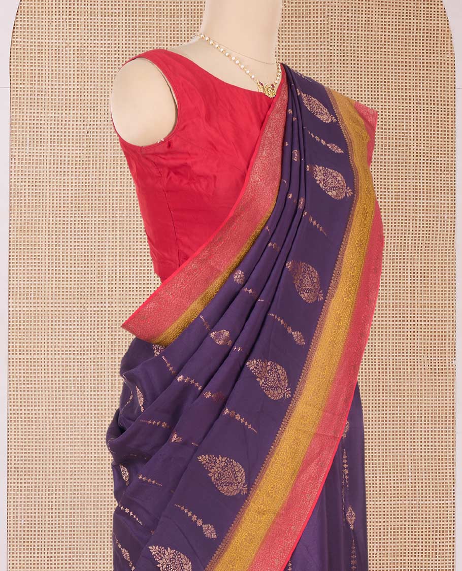Purple zari buttas Mysore silk saree, contrast floral creeper zari border, and intricate paisley design pallu - Image 3