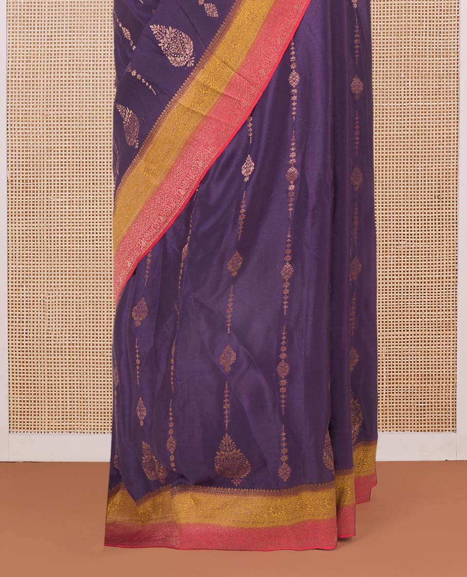 Purple zari buttas Mysore silk saree, contrast floral creeper zari border, and intricate paisley design pallu - Image 4