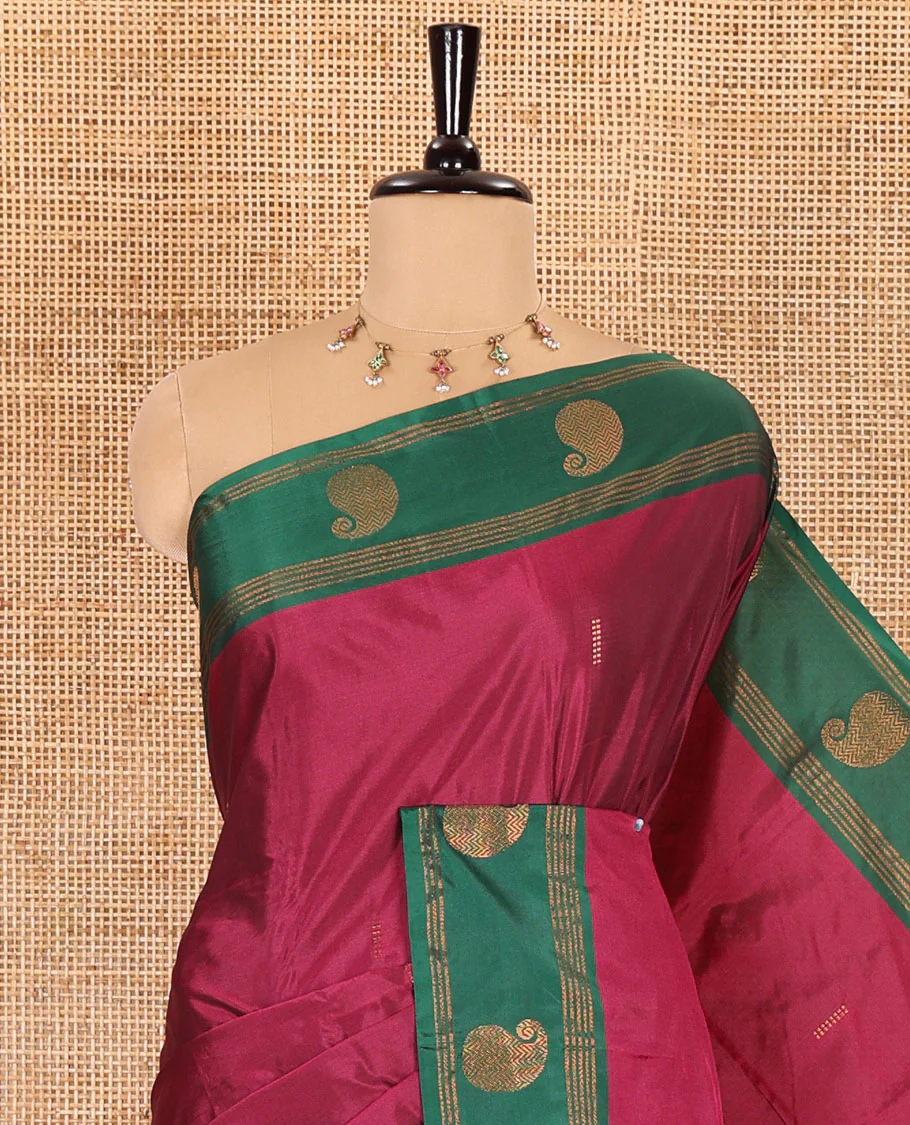 Purple zari buttas semi-soft silk saree, contrast border of stripes, and paisley buttas, zari buttas pallu, and a matching blouse - Image 2
