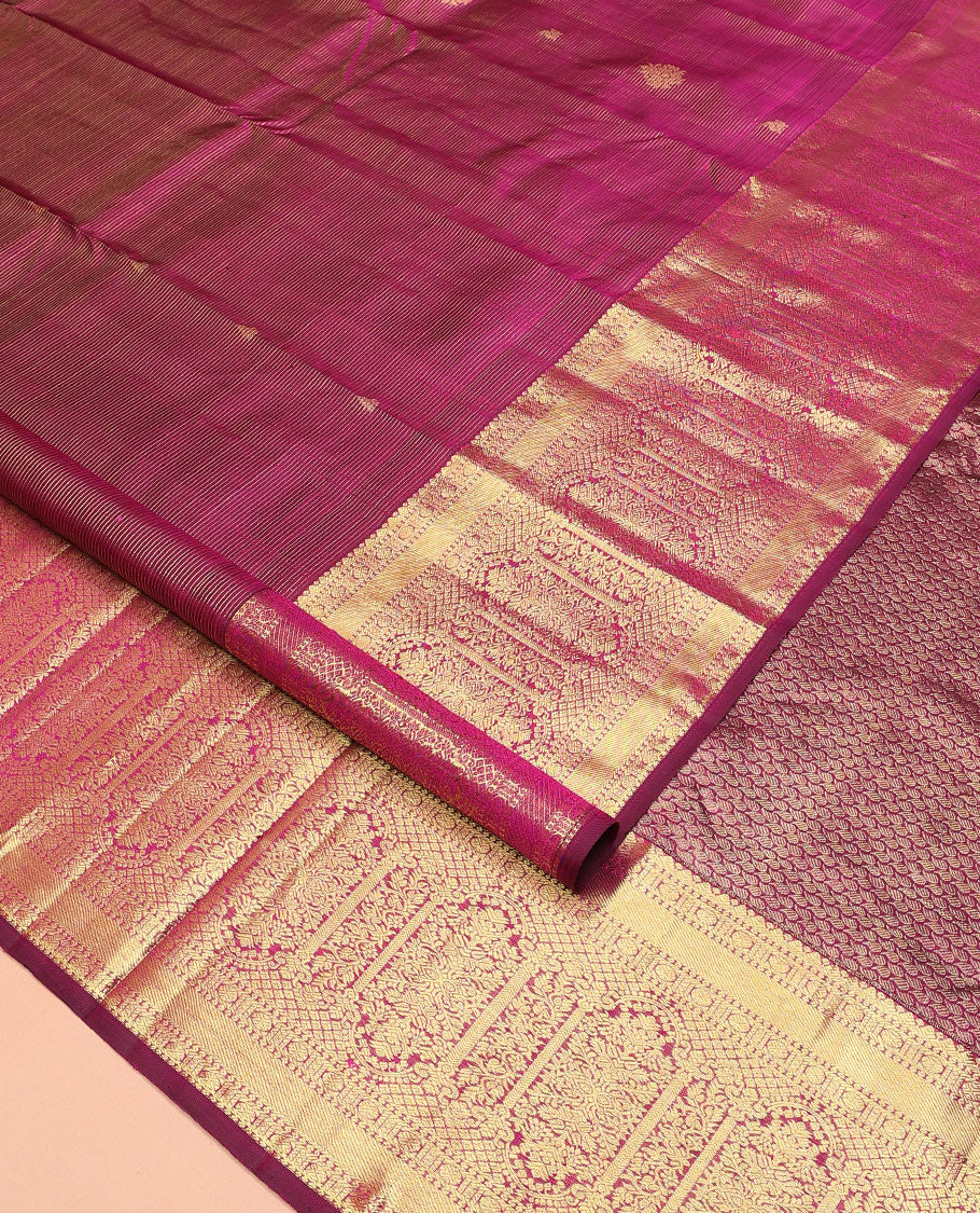 Purple zari stripes and buttas Kanchipuram silk saree,  zari border of thilakam, poun, and MUghal-style floral designs, and pallu steeped with manga motifs - Image 2