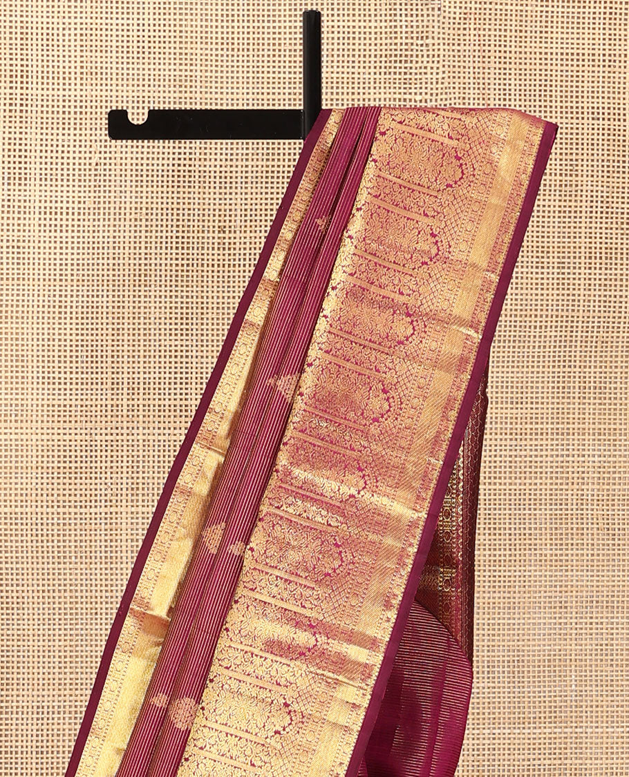 Purple zari stripes and buttas Kanchipuram silk saree,  zari border of thilakam, poun, and MUghal-style floral designs, and pallu steeped with manga motifs - Image 4
