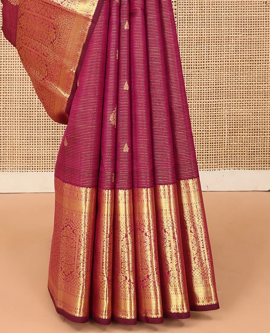 Purple zari stripes and buttas Kanchipuram silk saree,  zari border of thilakam, poun, and MUghal-style floral designs, and pallu steeped with manga motifs - Image 5