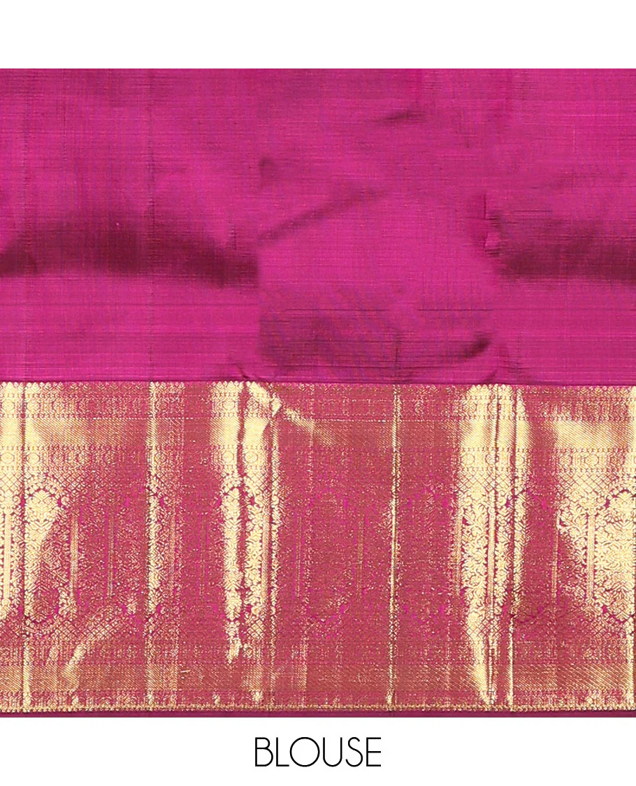Purple zari stripes and buttas Kanchipuram silk saree,  zari border of thilakam, poun, and MUghal-style floral designs, and pallu steeped with manga motifs - Image 6