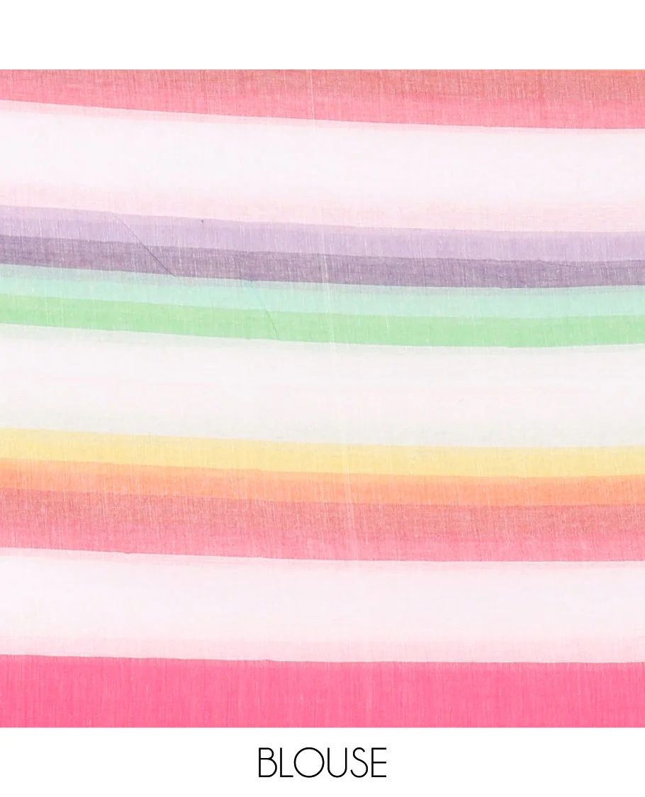 Rainbow-color striped khadi cotton saree, zari border, multi-color tassels pallu & colorful striped blouse - Image 3
