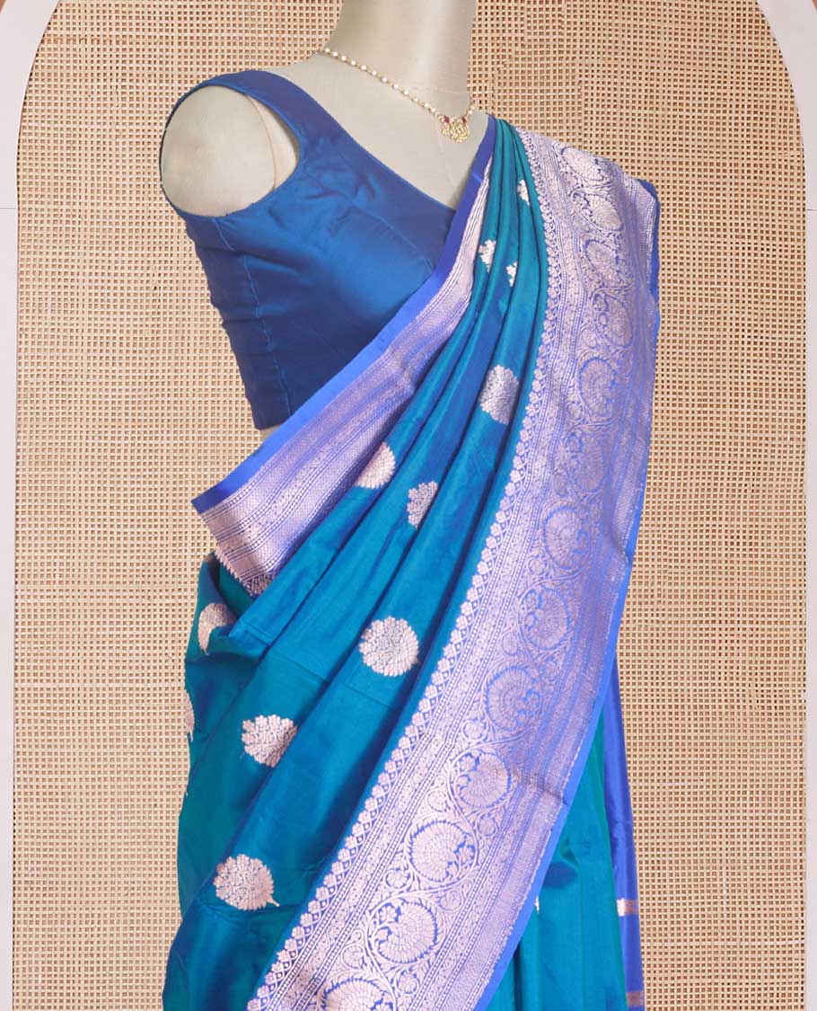 Ramar blue zari buttas Banarasi kathan silk saree, contrast traditional zari floral creeper border, and pallu features dobby style buttas - Image 3