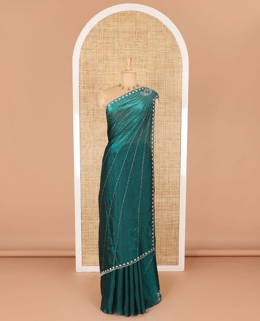 Rama green micro-stone work fendy chiffon saree with paisley stone work on its shoulder, a scallop stone work border, a butterfly style pallu, and a matching stone work blouse - Image 2