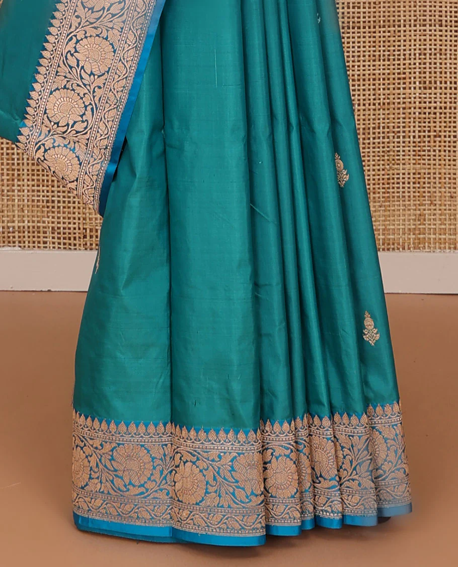 Ramar blue zari buttas katan silk saree, contrast traditional border of floral creeper design, and jaal pallu - Image 4