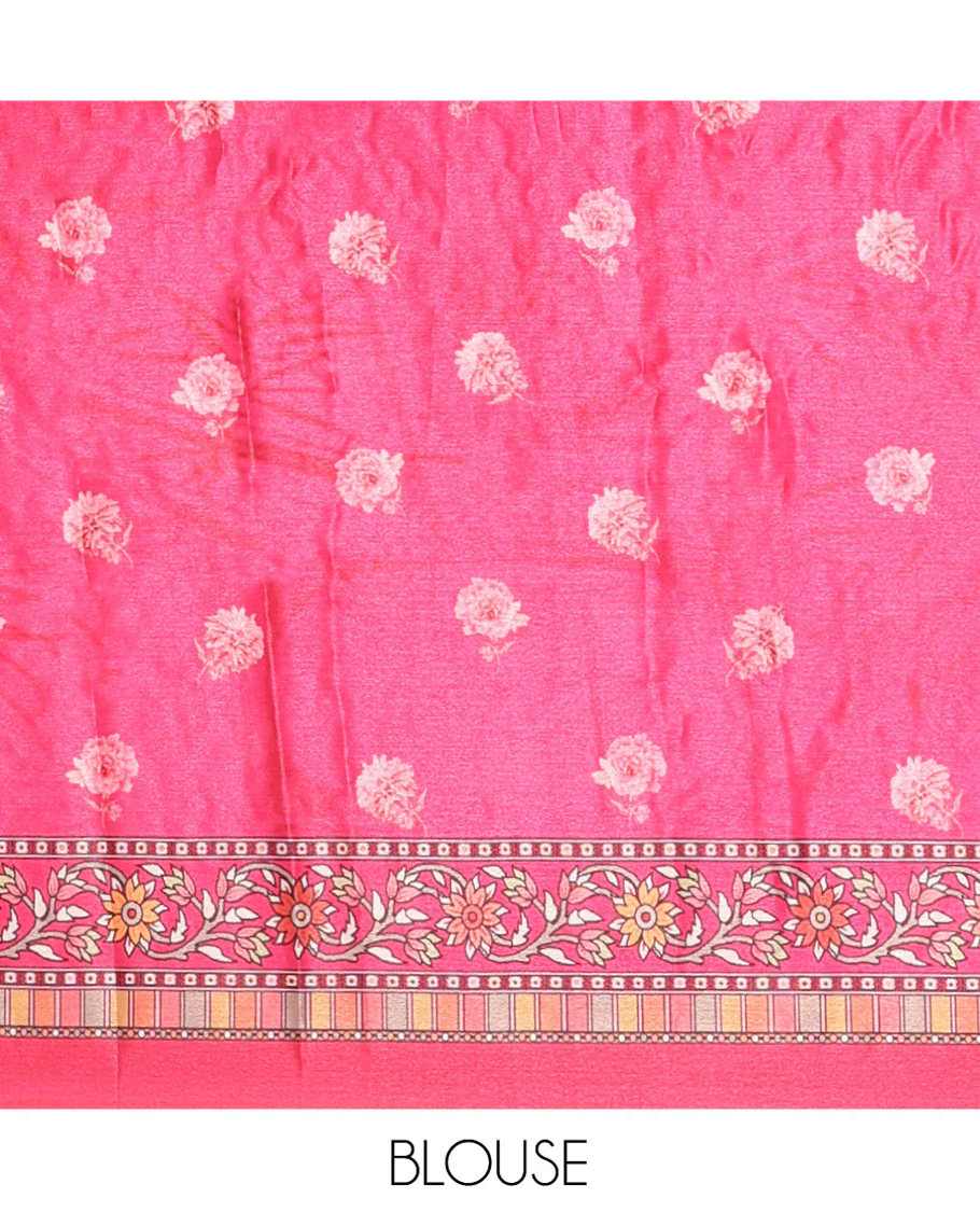 Rani Masakali Saree, Artfully Adorned with Floral Motifs Print, and Mirror Work All Over Its Body, Printed Border, Intricately Printed Mirror Work Pallu, and Paired with a Matching Blouse - Image 3
