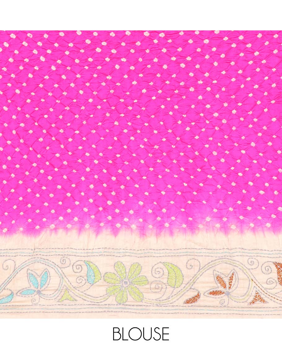 Rani pink bandhani dotted bandhani silk saree, contrast floral vine kantha embroidered border and colorful floral vine kantha embroidered pallu - Image 3