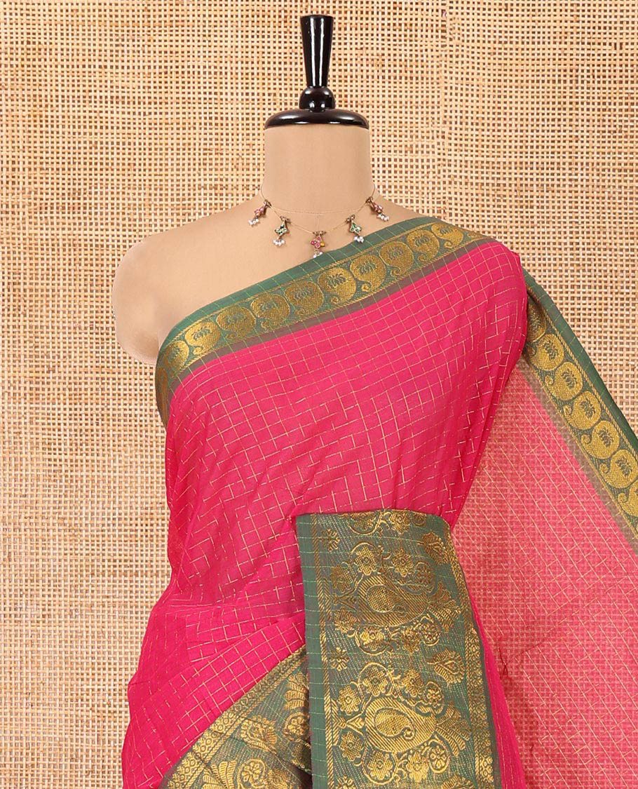 Rani Pink Chettinad Cotton Saree, Elevated with Checked Design All Over Its Body, Complemented by a Contrast Traditional Zari Border of Paisley Designs, Zari-Striped Pallu, and Has No Blouse - Image 2