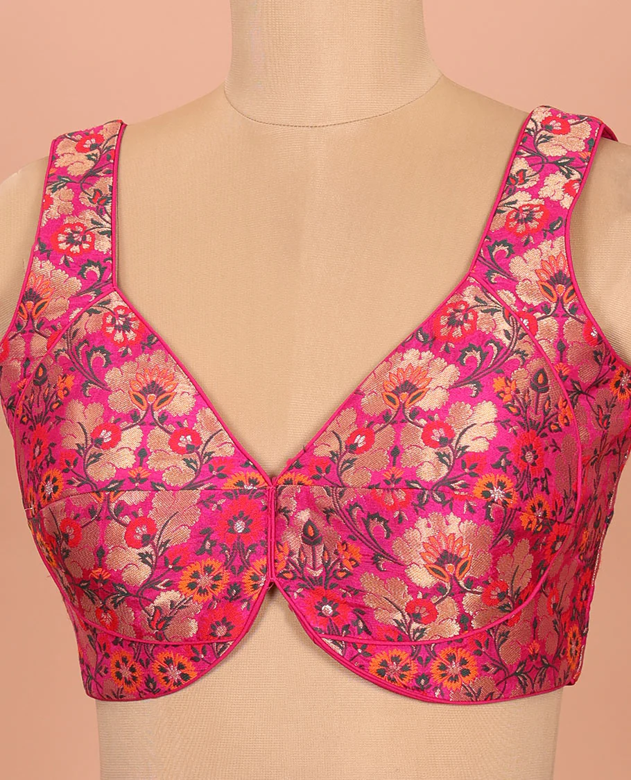 Rani pink floral meenakari jacquard front-back V-neck sleeveless readymade blouse - Image 2
