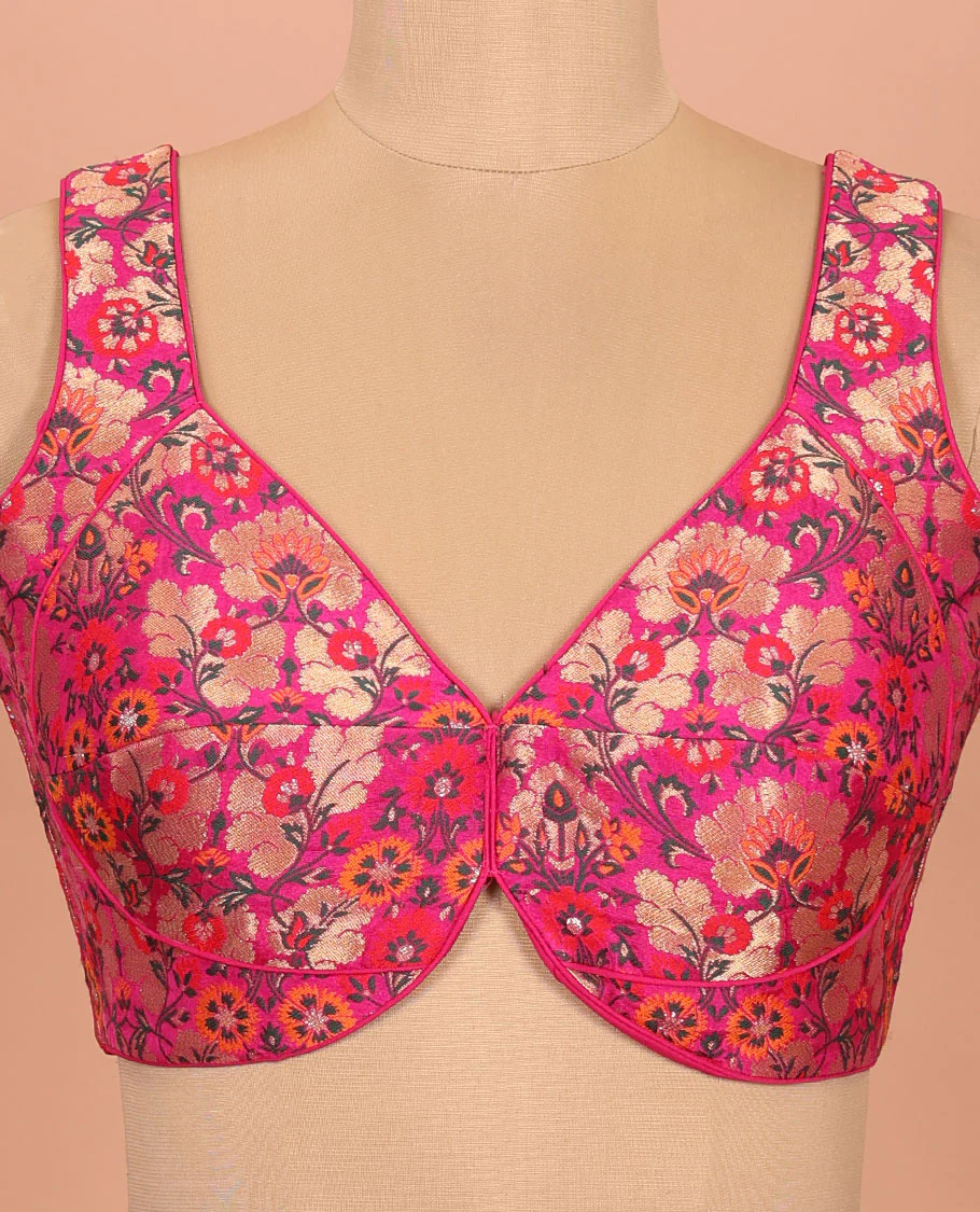 Rani pink floral meenakari jacquard front-back V-neck sleeveless readymade blouse - Image 3