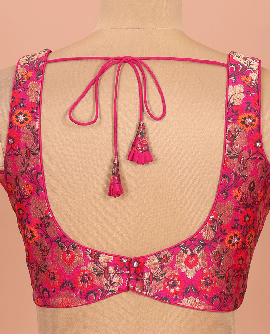 Rani pink floral meenakari jacquard front-back V-neck sleeveless readymade blouse - Image 4