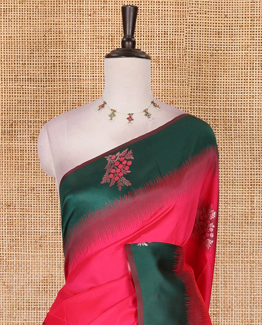 Rani pink-green floral buttas elite soft silk saree, contrast floral buttas border, and pallu of Mughal-style intricate zari designs - Image 3