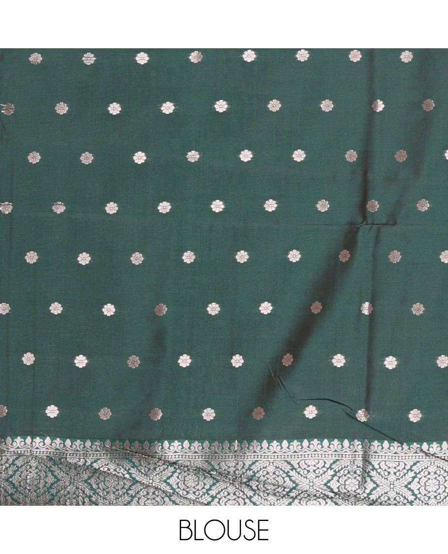 Rani pink-green floral buttas elite soft silk saree, contrast floral buttas border, and pallu of Mughal-style intricate zari designs - Image 4