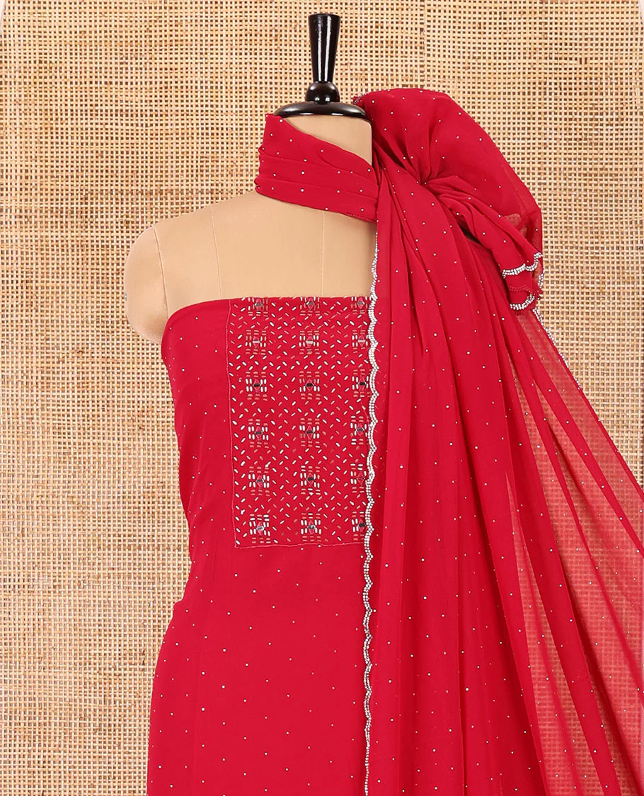 Rani pink material chudidar set, silver stone embroidered with neck bead work georgette top, santoon plain botom, and scallop swarovski stone work dupatta - Image 3