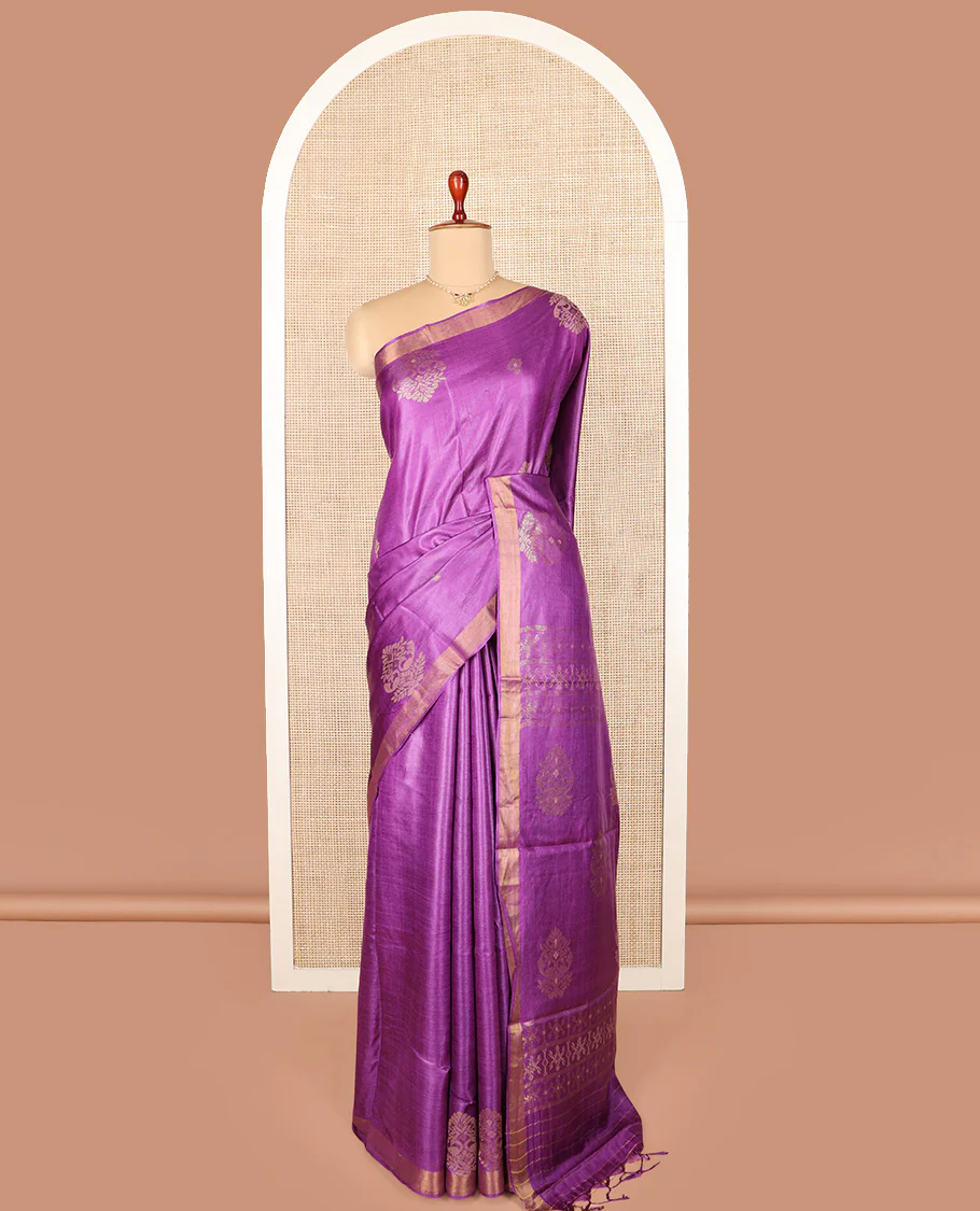 Rani pink peacock buttas tussar silk saree, bavanji border, and pallu of intricate motifs - Image 2