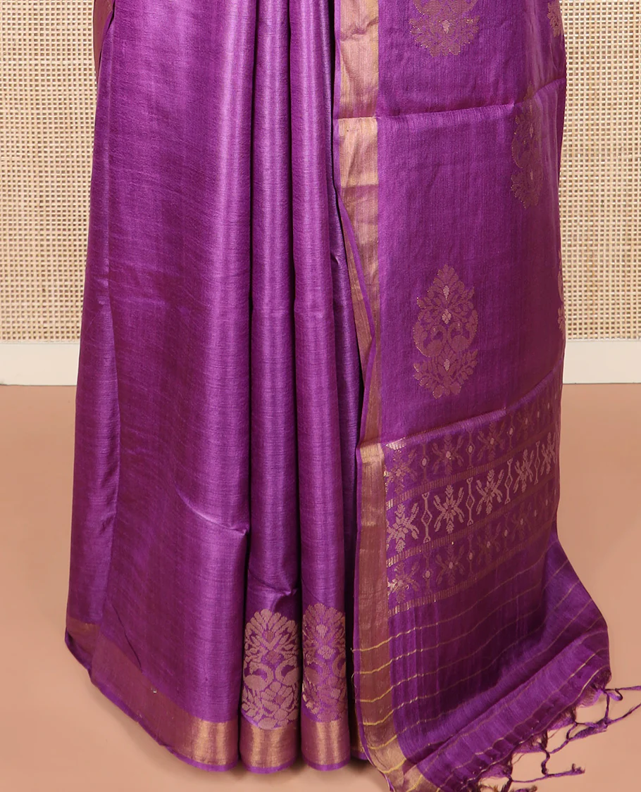 Rani pink peacock buttas tussar silk saree, bavanji border, and pallu of intricate motifs - Image 4