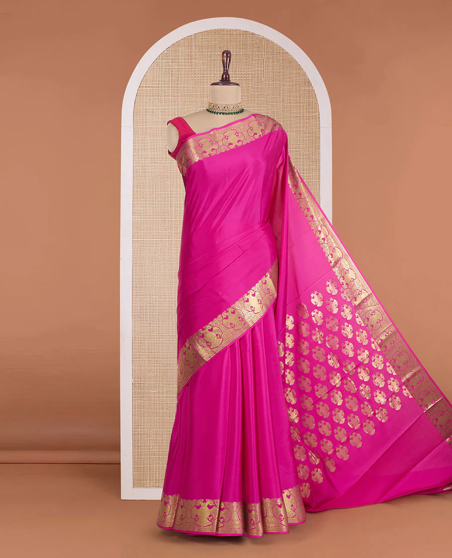 Rani pink plain Mysore silk saree, zari border of two-headed eagle motifs, and pallu steeped with two-headed eagle motifs - Image 2