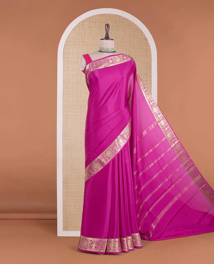 Rani plain Mysore silk saree, zari border of Mythological animal characters, and zari striped pallu - Image 2