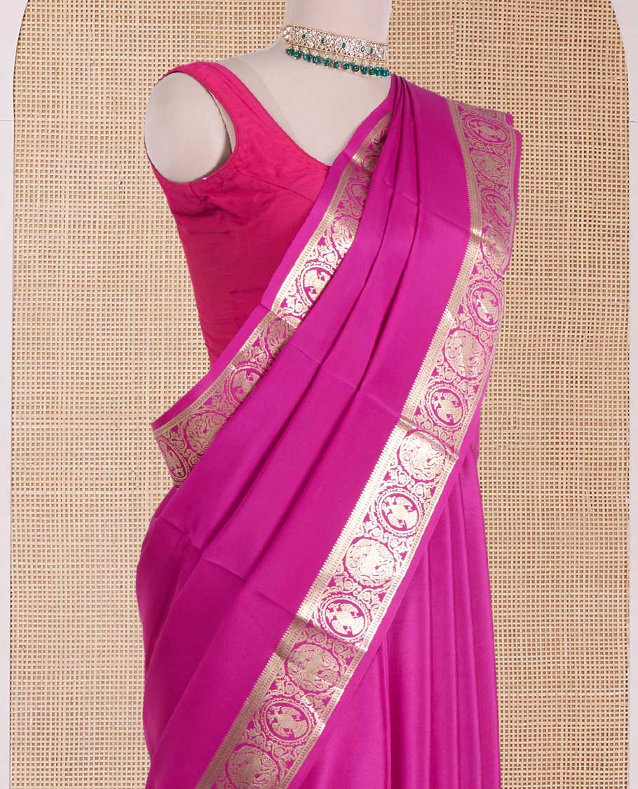 Rani plain Mysore silk saree, zari border of Mythological animal characters, and zari striped pallu - Image 3