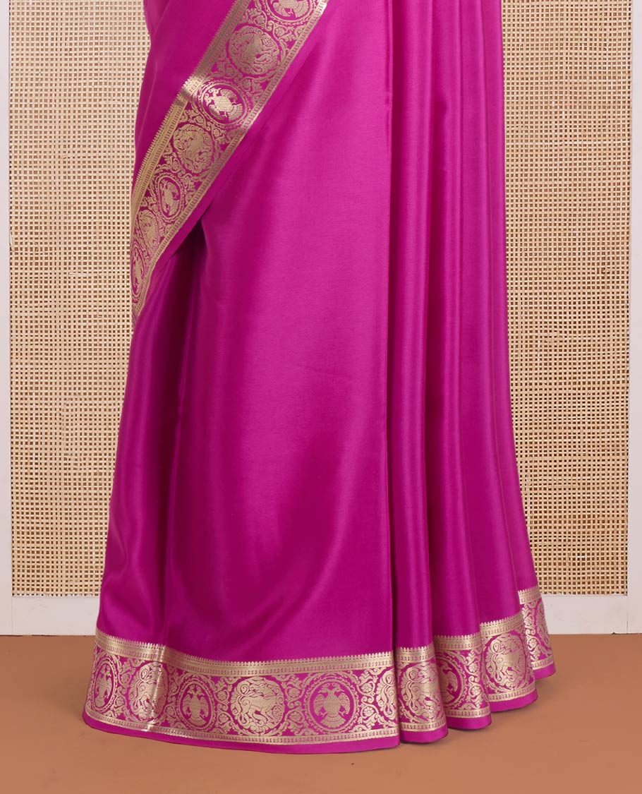 Rani plain Mysore silk saree, zari border of Mythological animal characters, and zari striped pallu - Image 4