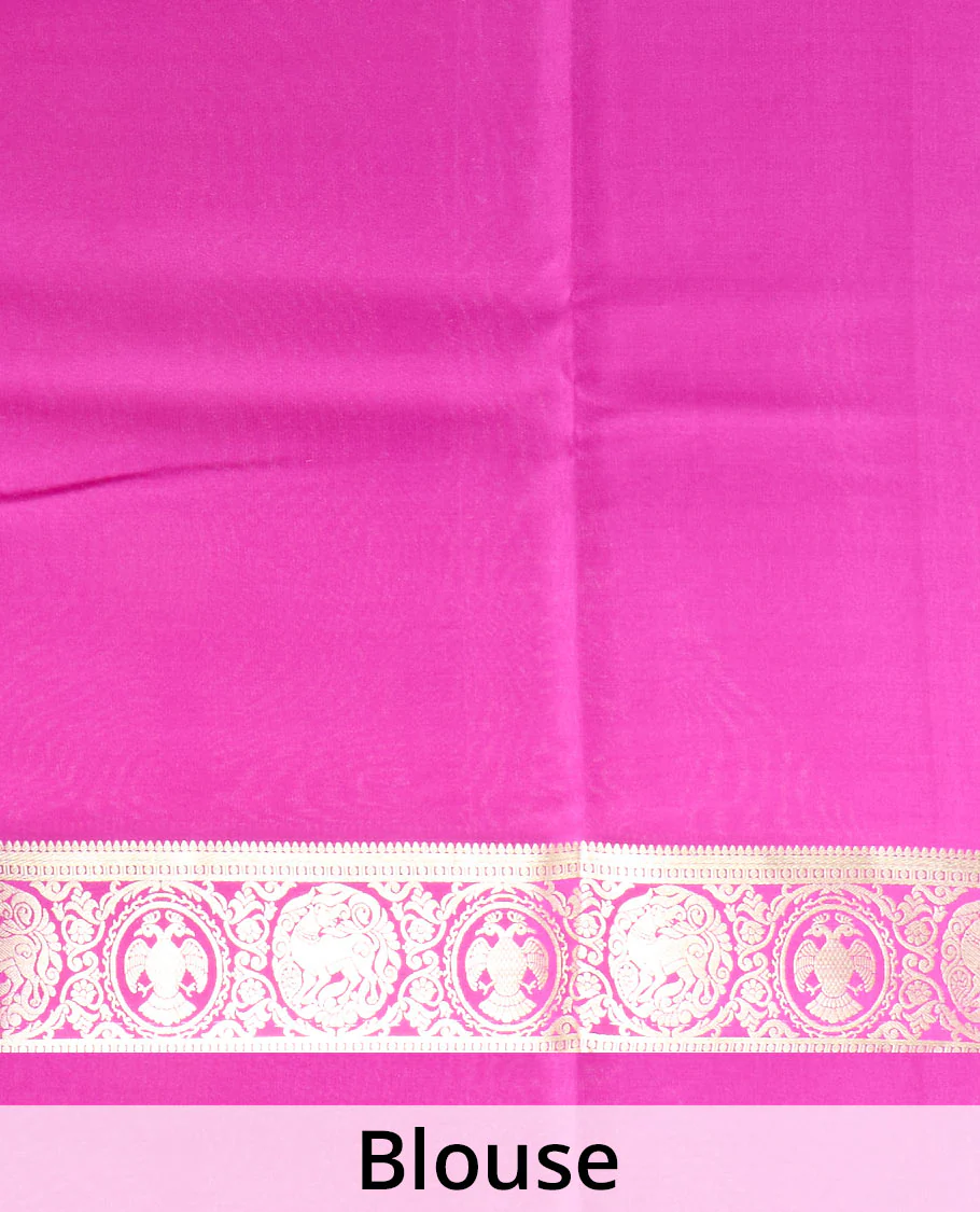 Rani plain Mysore silk saree, zari border of Mythological animal characters, and zari striped pallu - Image 5