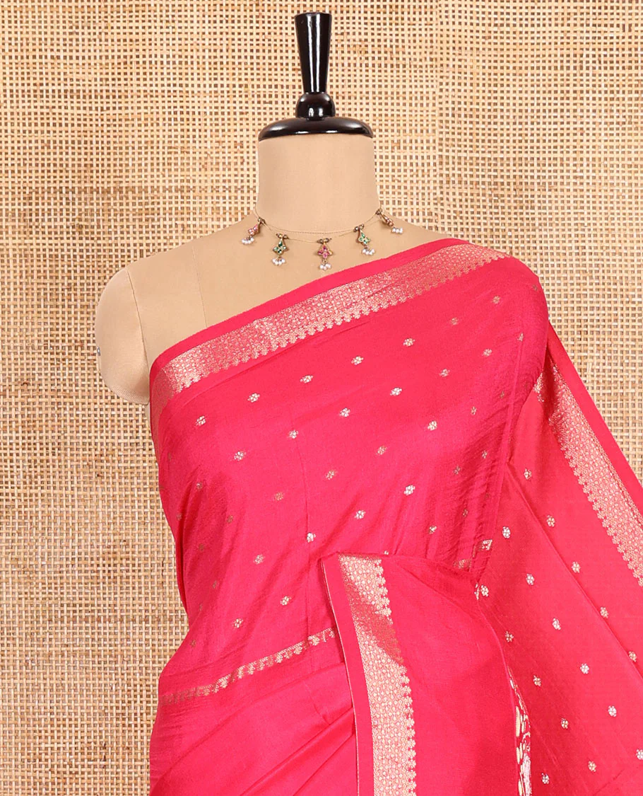 Rani Russian Silk Saree Adorned with Gold Zari Buttas and Deer Motifs, Featuring a Subtly Sparkling Traditional Zari Border, a Pallu with Zari Stripes, and a Contrast Blouse Woven with Peacock Meena Buttas - Image 2