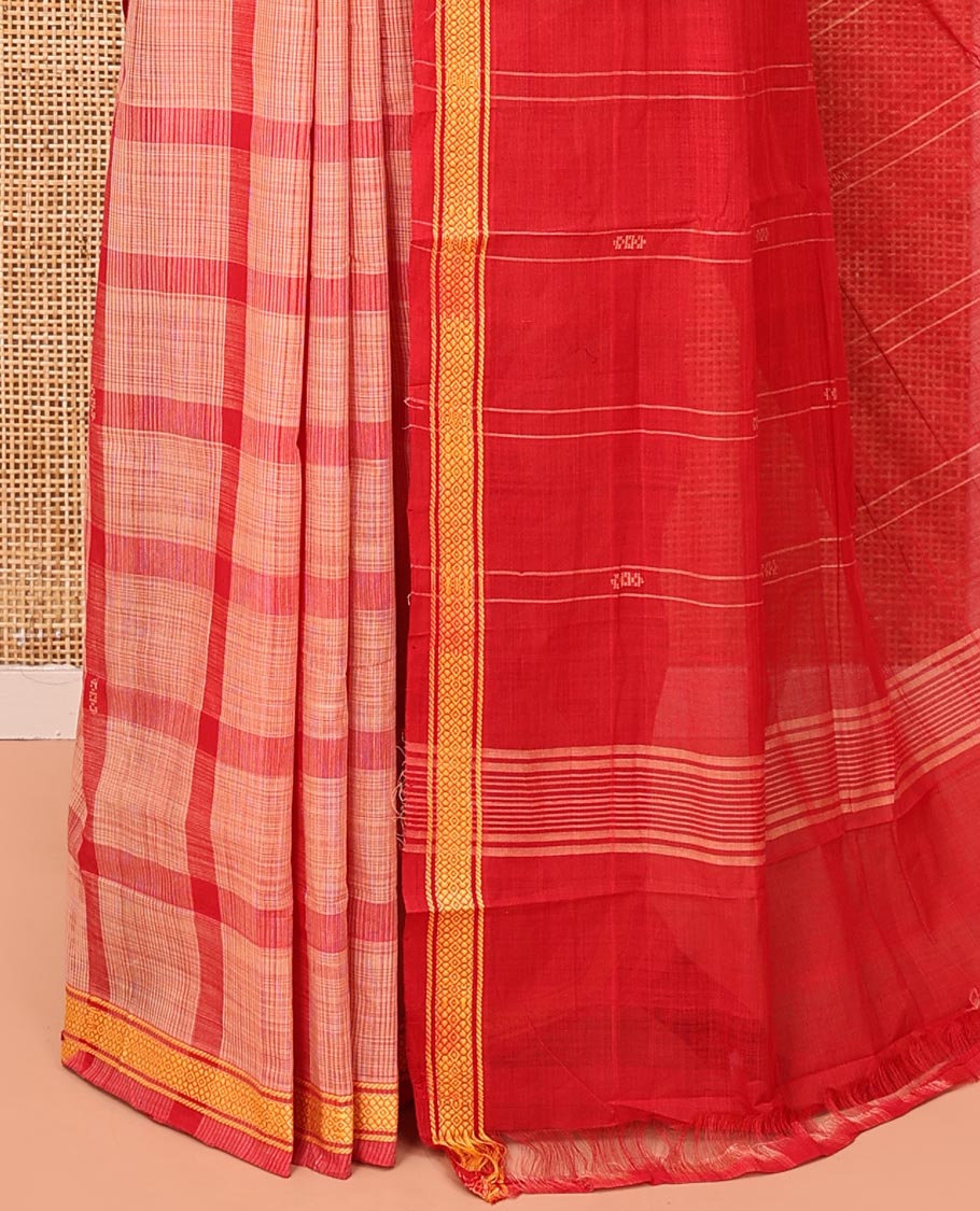 Red Andhra Cotton Saree, Showcasing Big Checked Design All Over Its Body, Subtly Sparked with a Traditional Border, Pallu of Stripes, and Paired with a Matching Blouse - Image 3