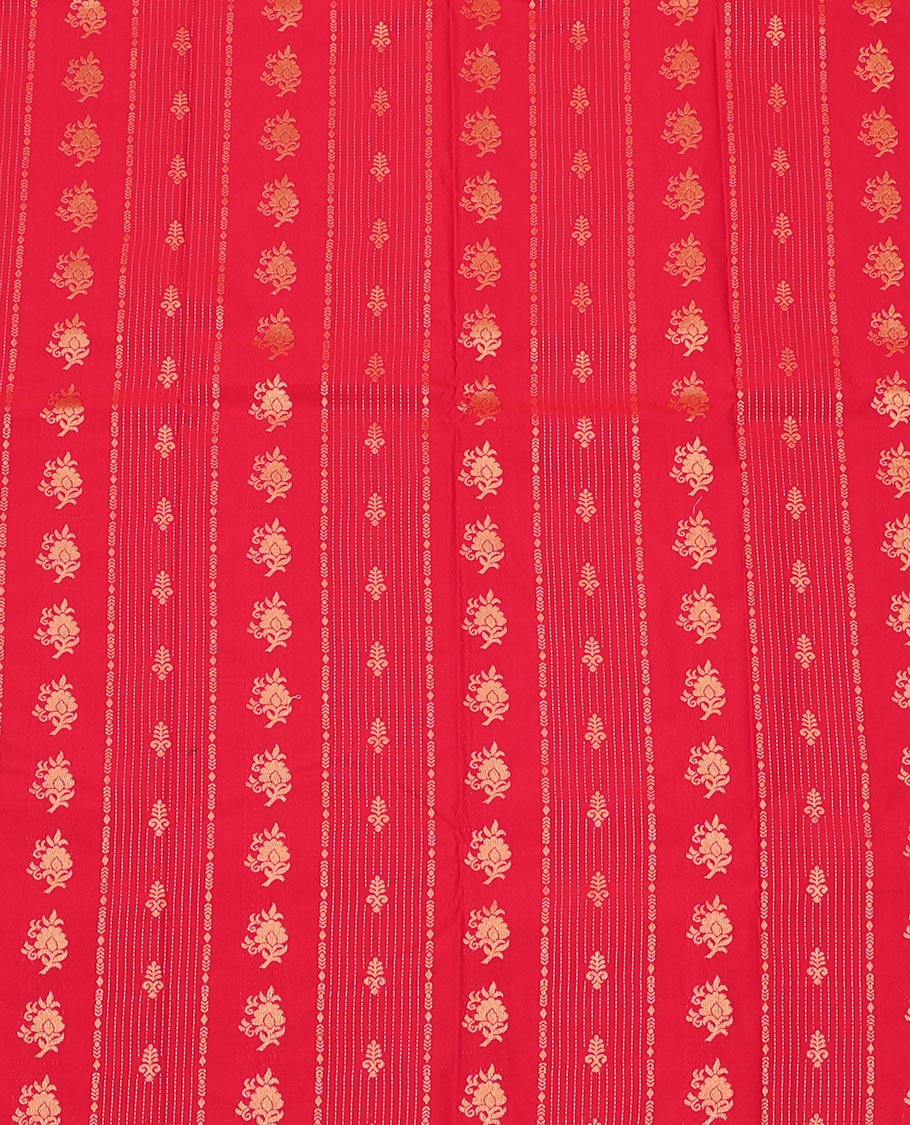 Red Art Silk Pavadai Material Set, Gleamed Up with Zari Design on Its Skirt, Complemented by a Contrast Traditional Zari Design Border, and Paired with a Contrast Blouse - Image 3