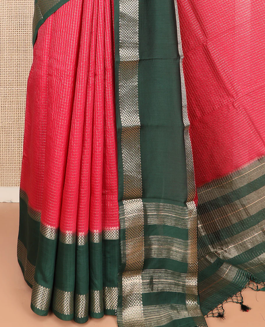 Red Assam Silk Saree Subtly Sparkled with Zari Checks, Complemented by Contrast Zari Border of Triangle Motifs, a Gleaming Pallu of Zari Stripes, and Paired with a Contrast Blouse - Image 3
