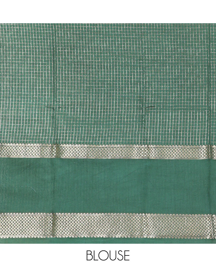 Red Assam Silk Saree Subtly Sparkled with Zari Checks, Complemented by Contrast Zari Border of Triangle Motifs, a Gleaming Pallu of Zari Stripes, and Paired with a Contrast Blouse - Image 4