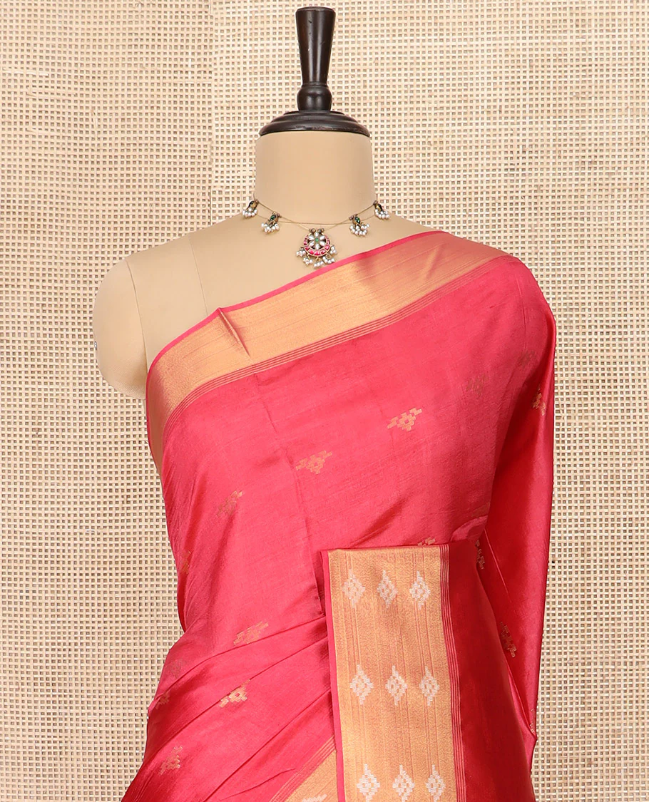 Red Banana Pith Saree Elegantly Framed with Zari Buttas, Artfully Detailed Border with Zari Designs, Gleaming Zari Stripes Woven Pallu, and Paired with a Matching Plain Blouse - Image 2