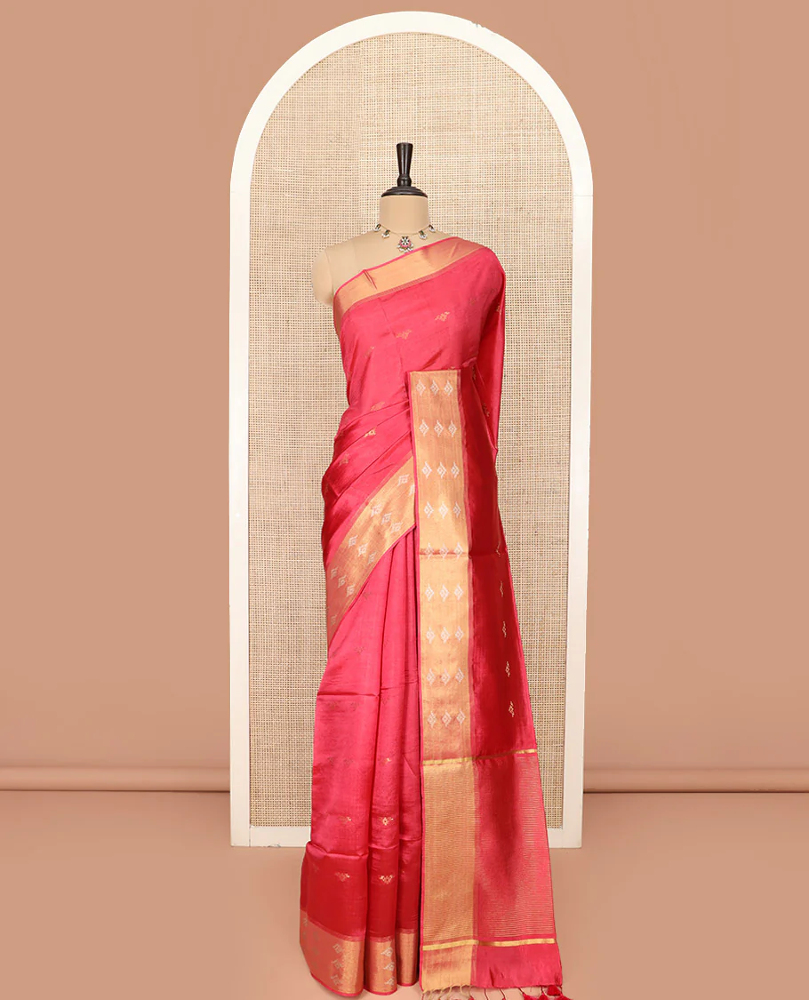 Red Banana Pith Saree Elegantly Framed with Zari Buttas, Artfully Detailed Border with Zari Designs, Gleaming Zari Stripes Woven Pallu, and Paired with a Matching Plain Blouse - Image 3