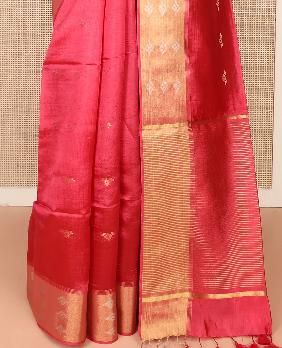 Red Banana Pith Saree Elegantly Framed with Zari Buttas, Artfully Detailed Border with Zari Designs, Gleaming Zari Stripes Woven Pallu, and Paired with a Matching Plain Blouse - Image 4