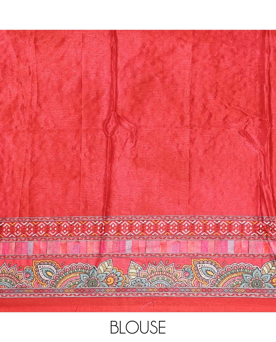 Red-base floral bandhani-theme printed & real mirror embroidery masakali saree, self-border, printed mirror work pallu & matching blouse - Image 4