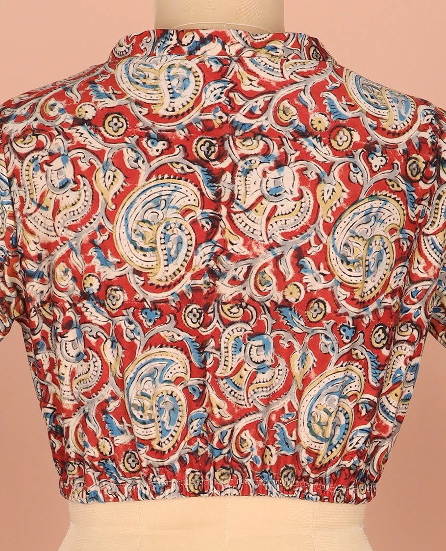 Red-base Readymade Blouse Elegantly Printed with Floral-Paisley Vine, Featuring a Front V-Neck, a Back Closed Neck, and Full Sleeves - Image 4