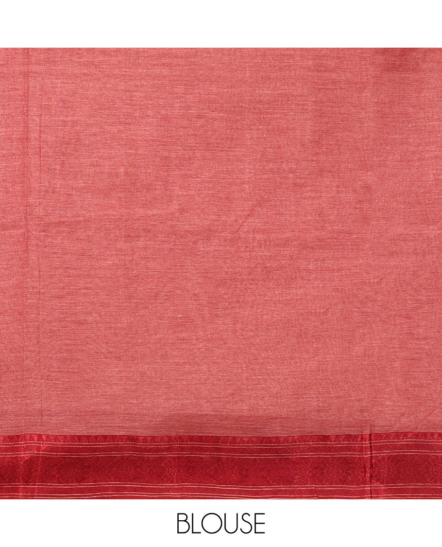 Red Bengal Cotton Saree, Woven with Buttas All Over Its Body, Complemented by a Contrast Thread Design Border, Pallu of Buttas and Stripes, and Paired with a Matching Blouse - Image 3